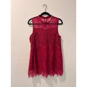 Lace Mock Neck Sleeveless Top Pink Berry Ruffle Hem